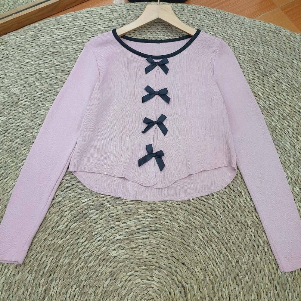 Pink Navy Bow Lace-Up Knit Crop Sweater Coquette Balletcore Top